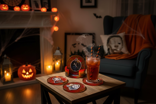 Michael Myers epoxy resin coaster set with holder resting on a wooden side table in a dimly lit room