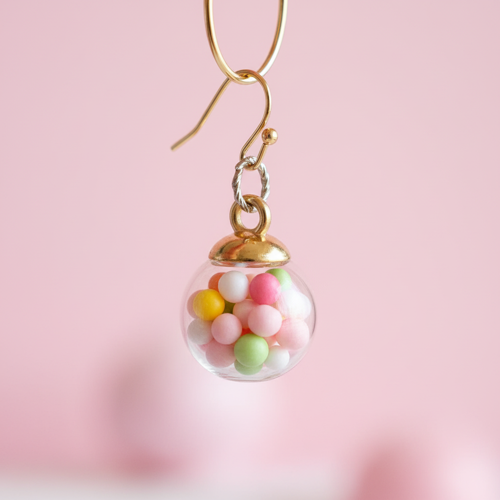 Macro close-up of clear hollow globe dangle earring filled with multicolored pastel mini beads in pink, orange, yellow, green and white visible through transparent globe in soft natural light