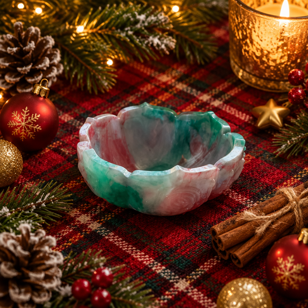 Teal, red, and white resin lotus petal trinket bowl on festive red plaid with pine, cinnamon sticks, and candlelight