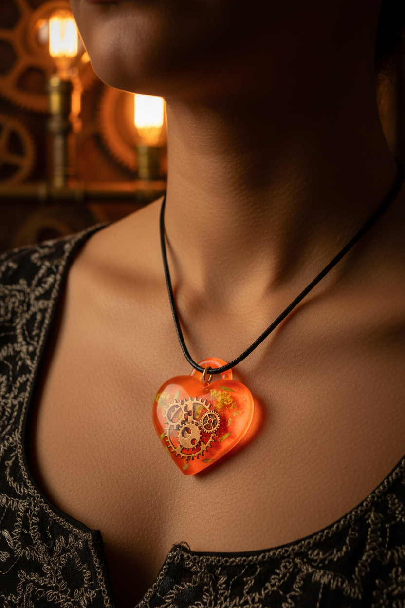 Lifestyle photo of steampunk orange heart resin pendant necklace with bronze gears worn at collarbone with moody industrial background