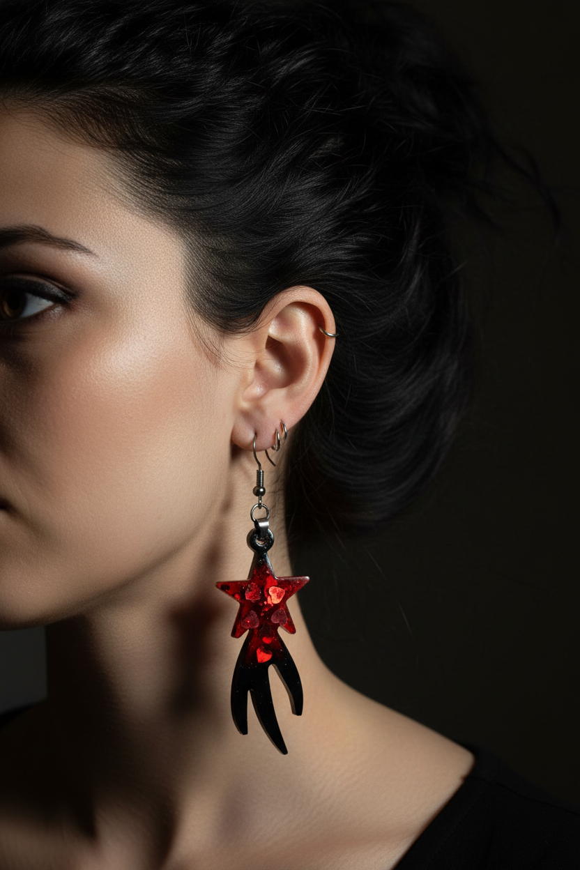Lifestyle close-up of woman wearing handmade Y2K grunge shooting star dangle earrings with fiery red star resin and chunky heart confetti glitter trailing into glossy black jagged points in moody dramatic lighting