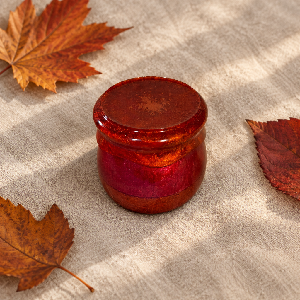 Dark rust resin pudding trinket jar with fitted lid shown flat on linen with autumn leaves