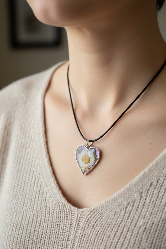 Lavender daisy heart pendant necklace with silver frame and black cord being worn
