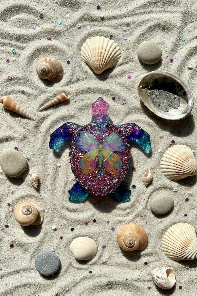 Lifestyle flat lay of iridescent pink glitter resin sea turtle figurine with butterfly and crystal head on sandy coastal surface with seashells