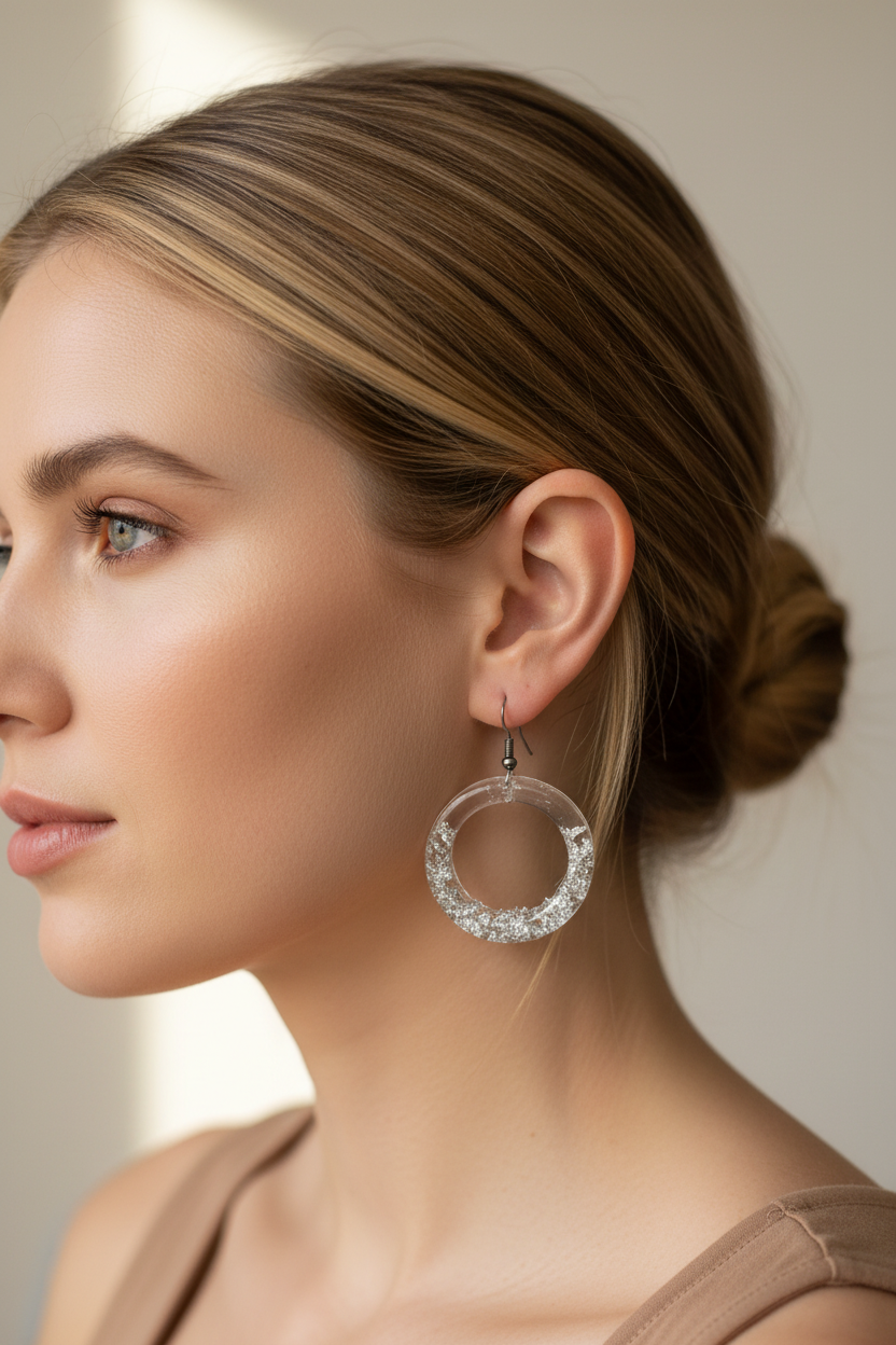 Close-up lifestyle photo of handmade clear resin open-hoop dangle earrings with silver foil ombré effect worn on ear in soft natural light showing the transparent resin and reflective silver foil detail