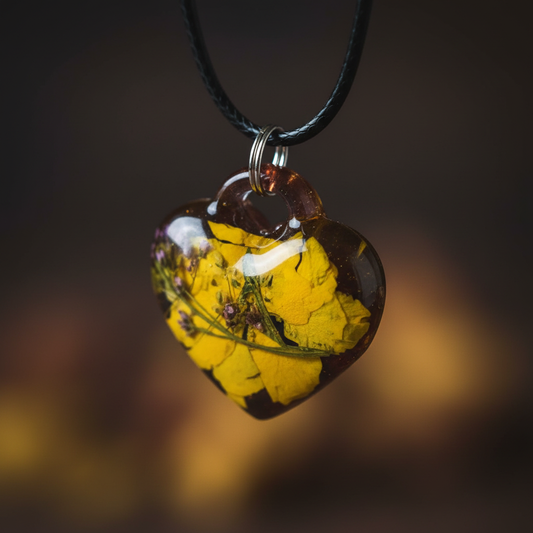 Close-up macro photo of autumn heart resin pendant showing yellow botanical detail