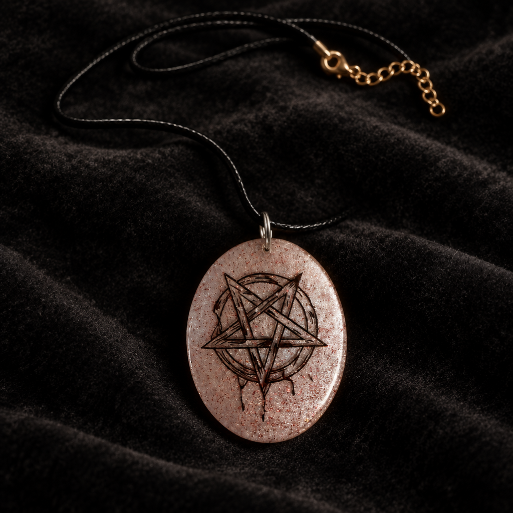 Witchy pentagram oval pendant necklace shown flat on black velvet