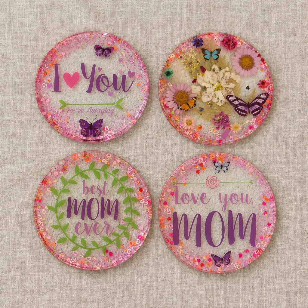 Four Love You Mom floral resin coasters arranged in a grid on linen