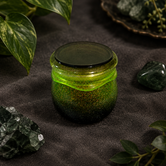Green and black resin pudding trinket jar with closed fitted lid shown flat on dark linen with stones and leaves