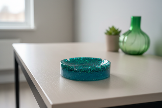 Handmade round green and teal chunky glitter resin ashtray with reflective layered glitter and notched rim slots displayed on a light neutral tabletop
