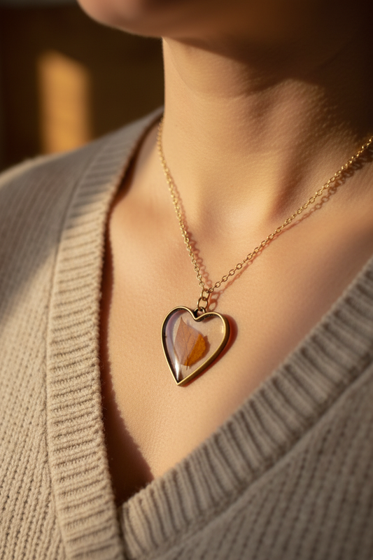 Vintage gold-tone autumn maple leaf heart pendant necklace being worn