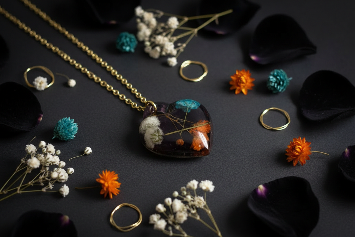 Handmade dark black epoxy resin heart pendant necklace with embedded white, teal, and orange dried botanical flowers and delicate gold wire details on gold-tone link chain, arranged in gothic flat lay on dark matte black surface surrounded by scattered black rose petals, white dried flowers, teal and orange botanicals, and gold wire accents in moody atmospheric lighting