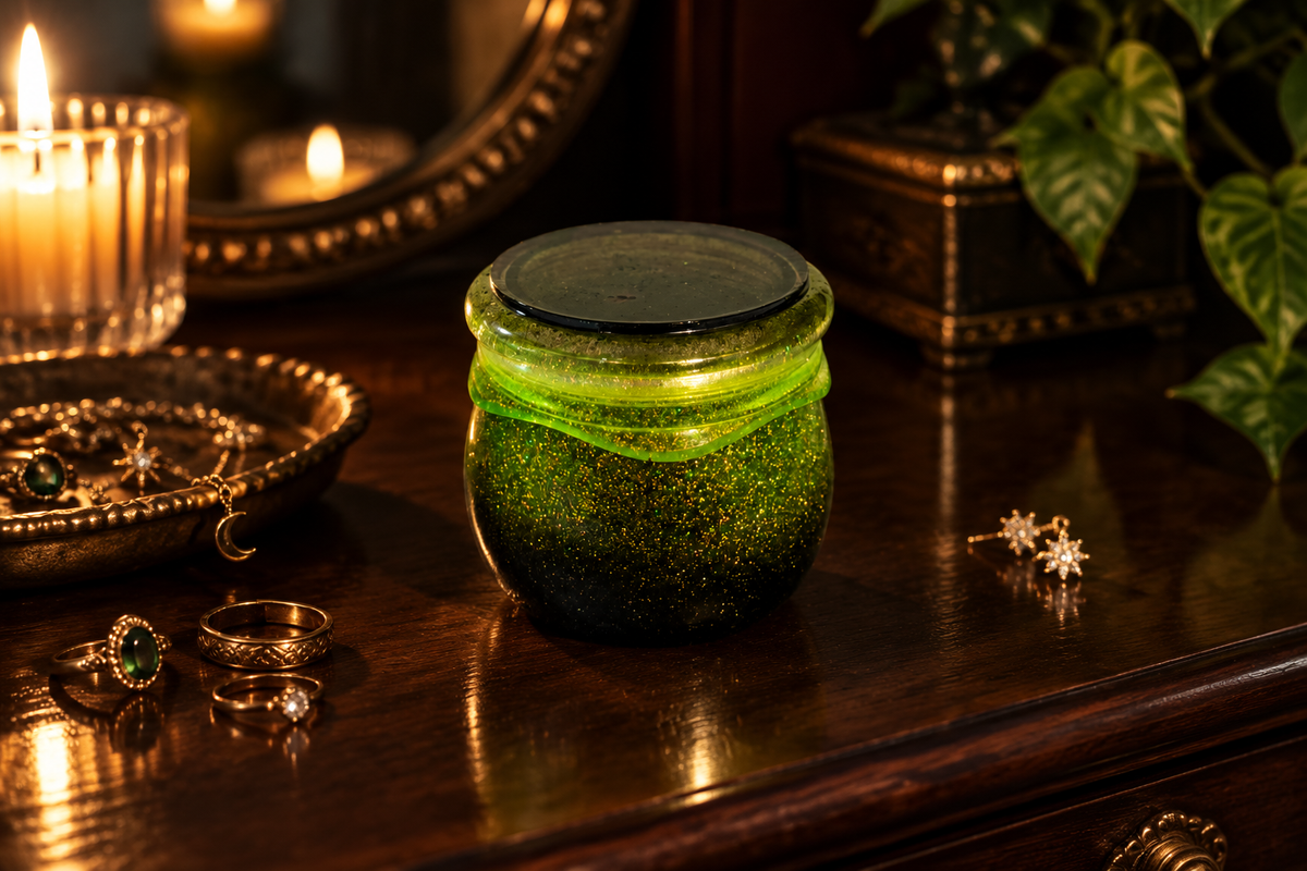 Green and black resin pudding trinket jar with closed fitted lid on a dark wood dresser with candlelight and jewelry