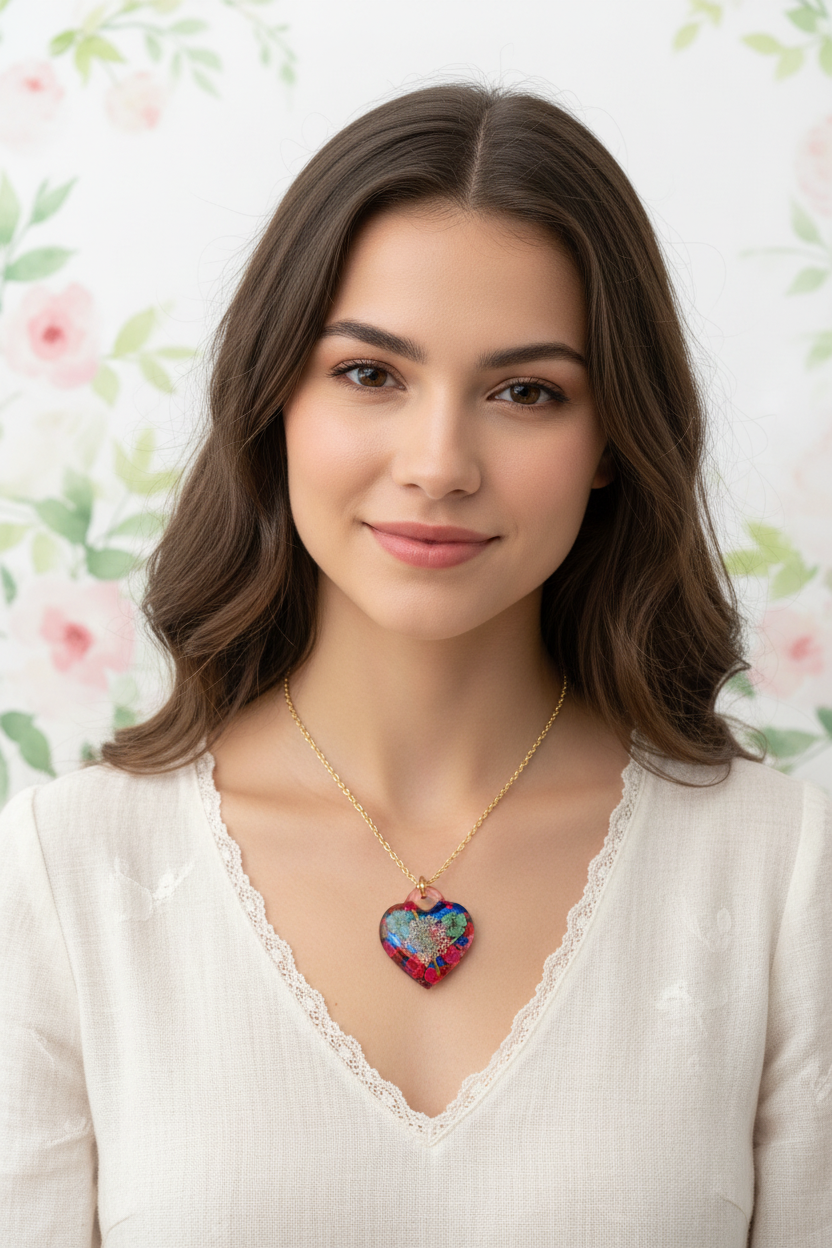 Lifestyle photo of botanical heart resin pendant necklace with wildflowers and confetti worn around neck