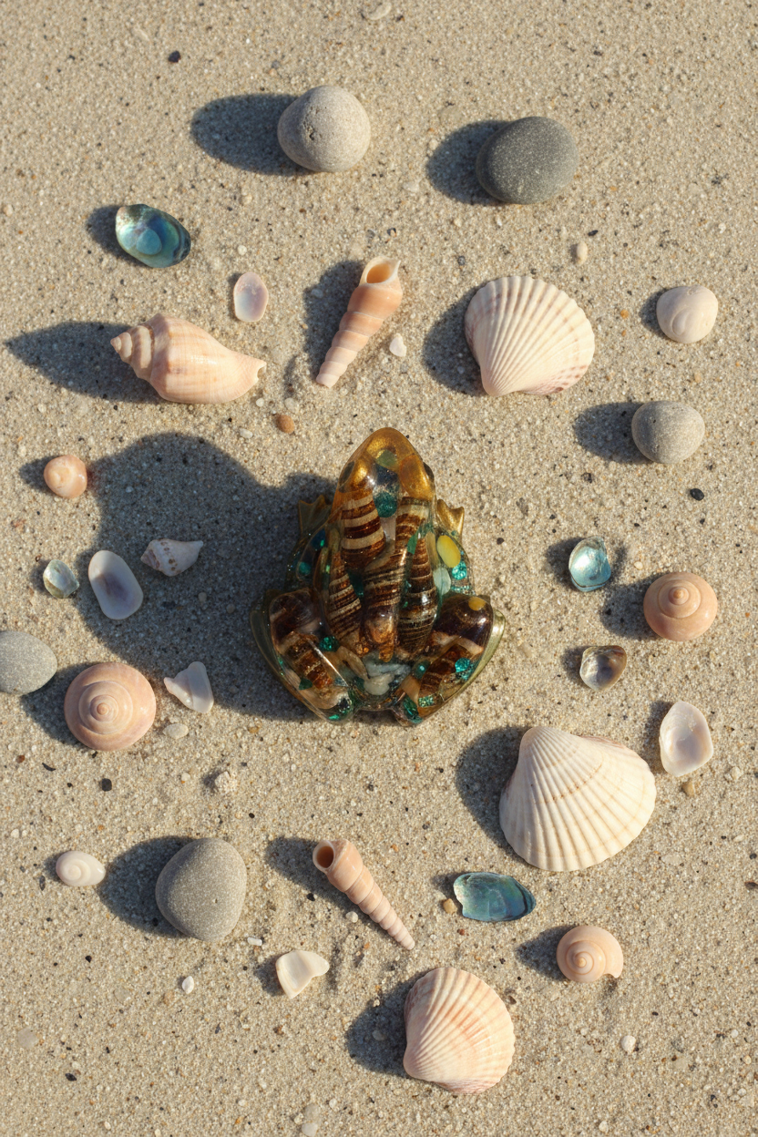 Lifestyle flat lay of small amber-brown resin frog figurine with iridescent teal glitter and seashells on sandy coastal surface