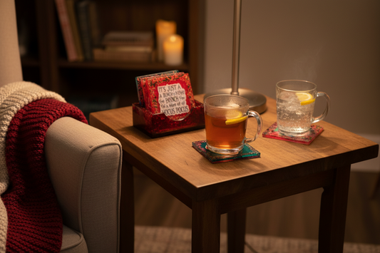Lifestyle shot of the Hocus Pocus Sanderson Sisters coaster set on a wooden table