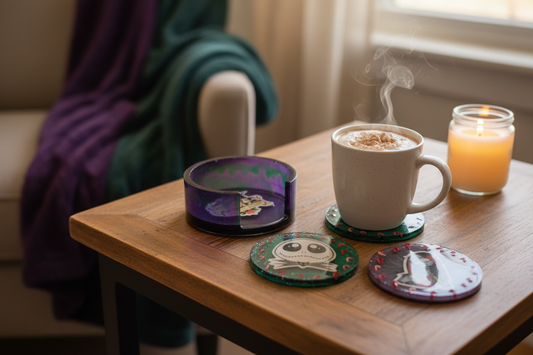Lifestyle shot of the Nightmare Before Christmas coaster set on a wooden table
