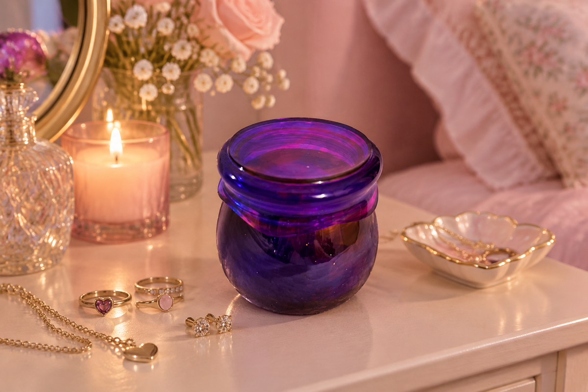 Lifestyle shot of the Purple & Pink Pudding Trinket Jar