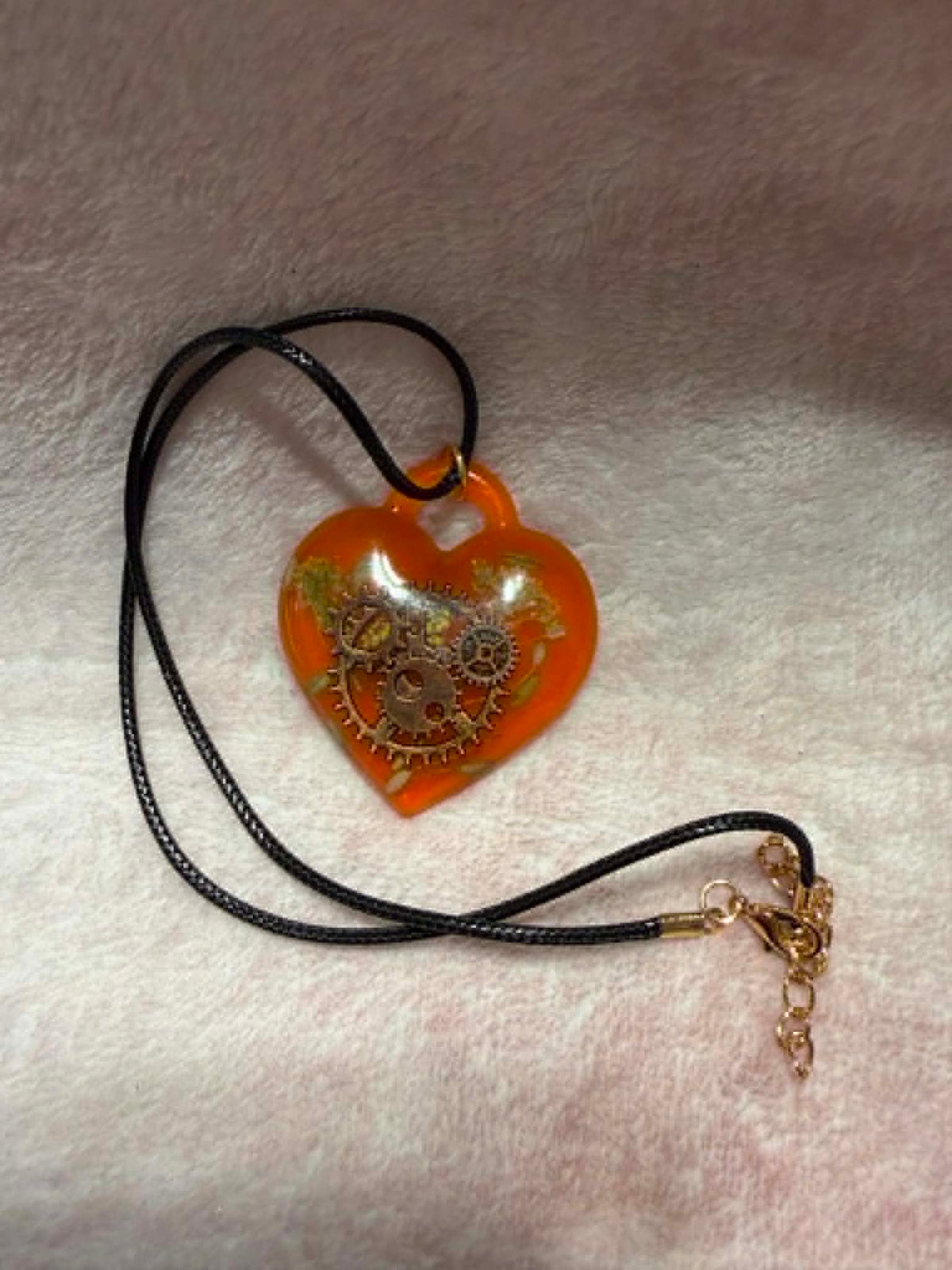 Steampunk Orange Heart Resin Pendant Necklace