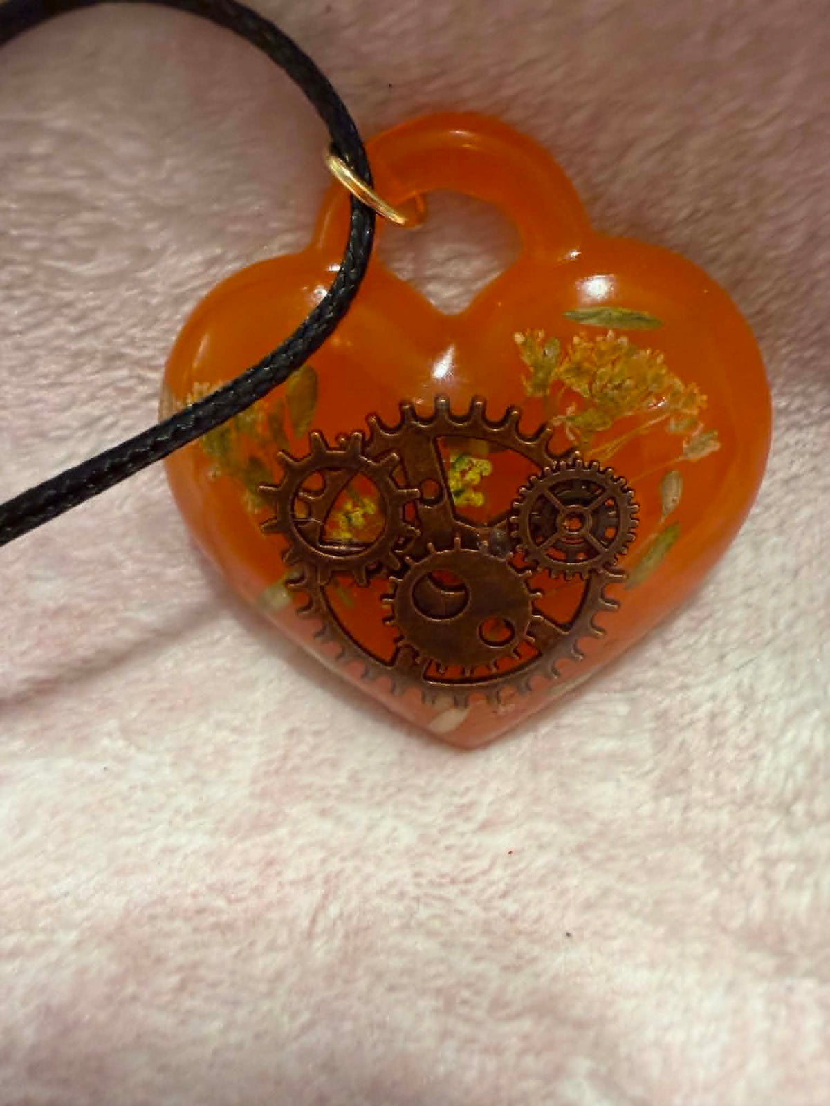Steampunk Orange Heart Resin Pendant Necklace