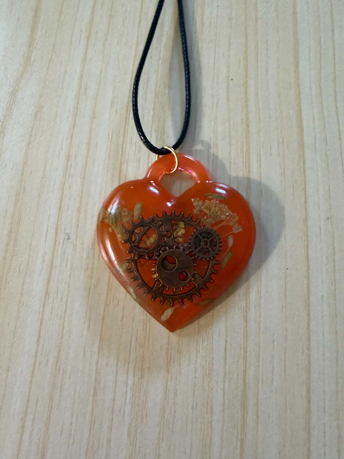 Steampunk Orange Heart Resin Pendant Necklace