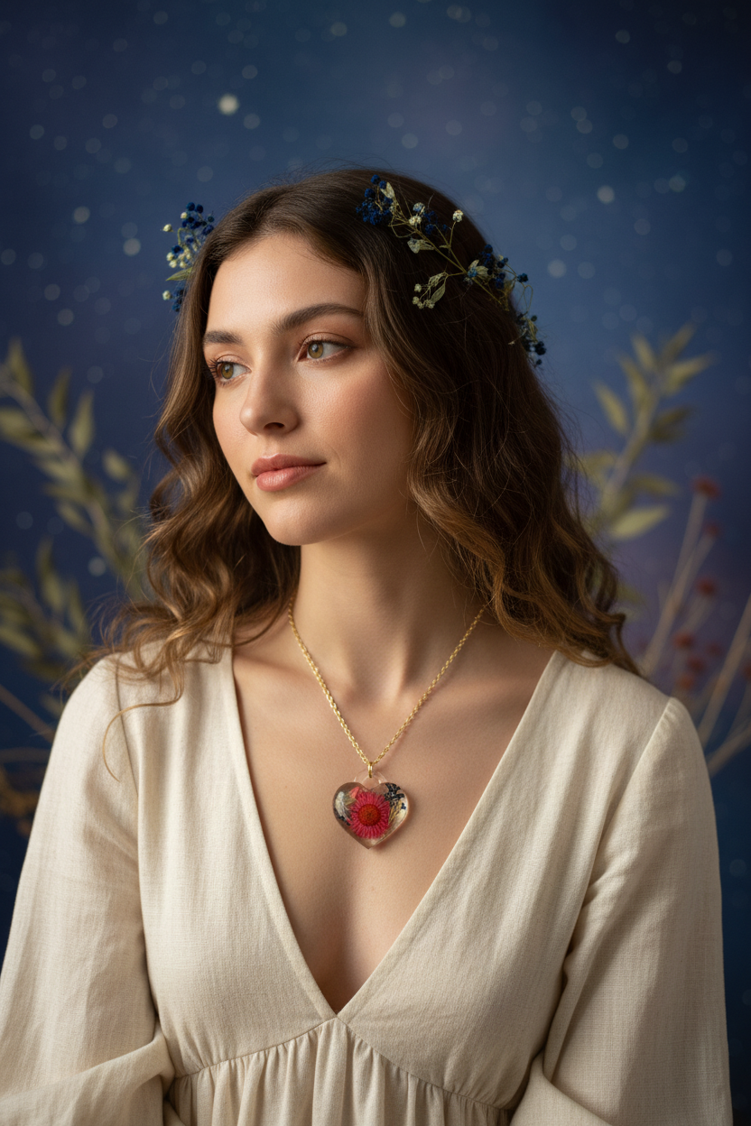 Pressed Red Daisy Botanical Heart Resin Pendant – Lifestyle