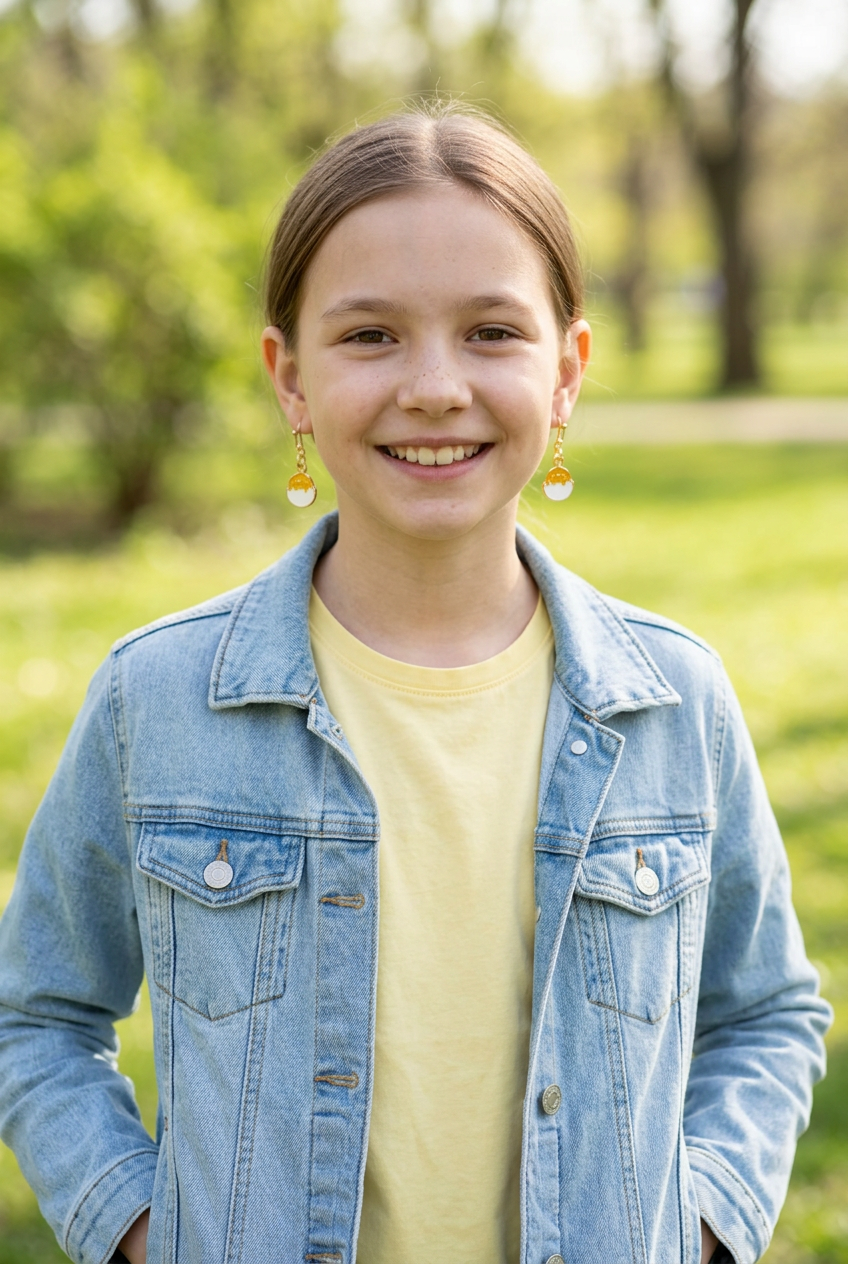 Preteen wearing chick earrings in a casual spring setting