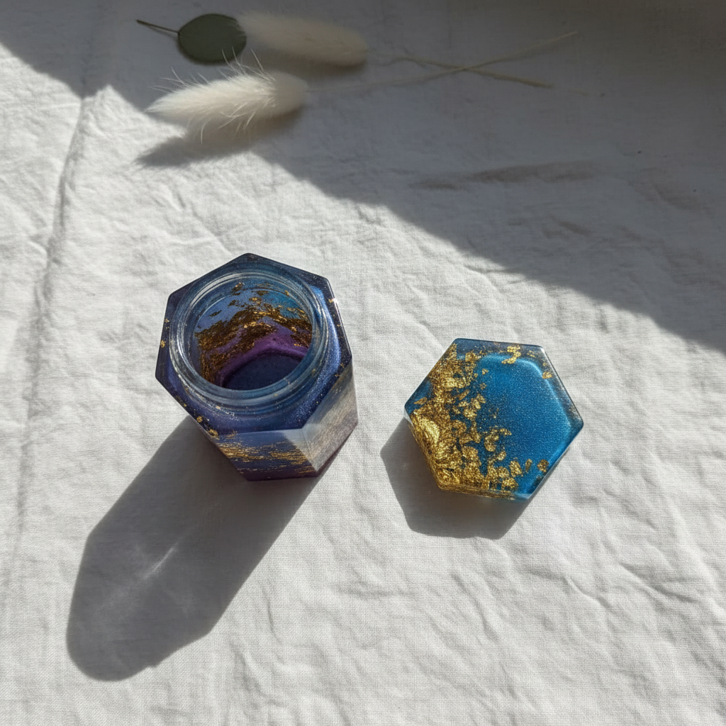 Royal blue and gold foil flake hexagonal stash jar with lid off shown flat on white linen