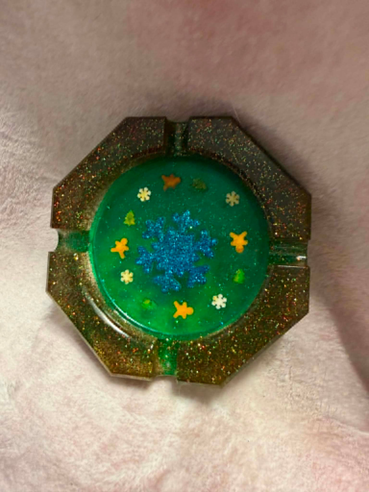 Festive Green & Blue Snowflake Octagonal Ashtray