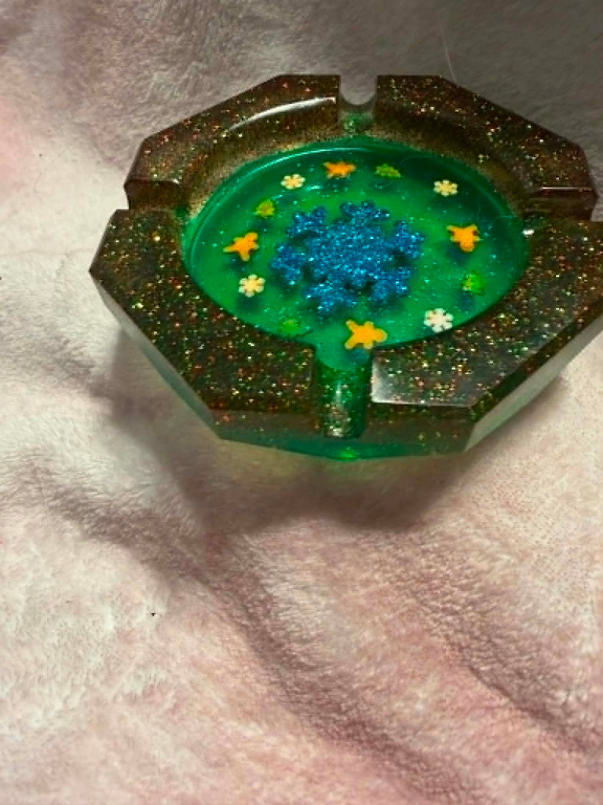Festive Green & Blue Snowflake Octagonal Ashtray